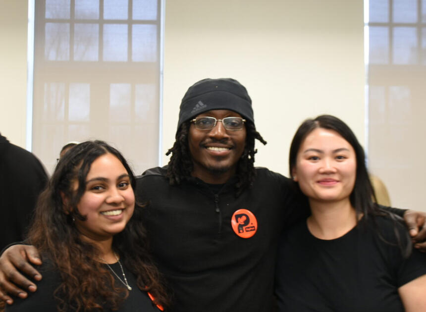 From left to right, Celeste Fernandes, Anton Lewis, and Jenny Nguyen at the DigiPod Network launch in H building located at Lakeshore Campus. Photo Credit: Victoria Hincapie Gomez